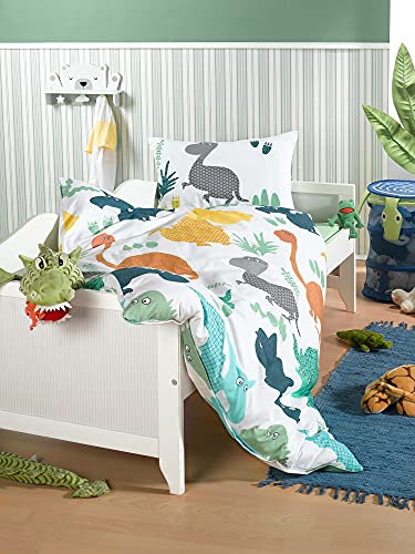 Kinder Baby Bettwäsche Set für Mädchen und Jungen | 100x135 cm + 40x60 cm | 100% Baumwolle Renforcé | Reißverschluss | Dino Welt – Dinosaurier | bunt – Bild 4