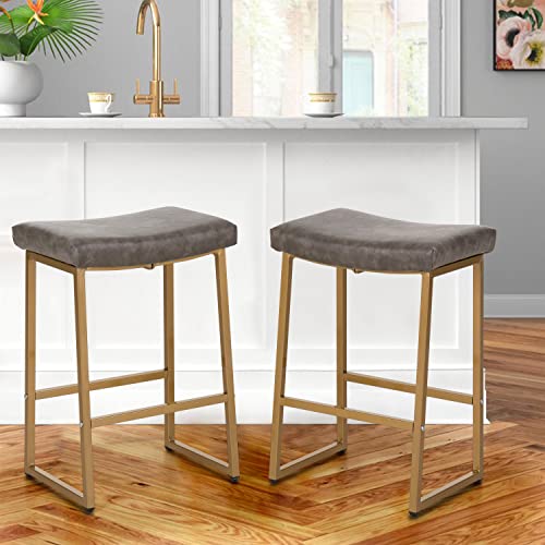 Alpha Home 24" Bar Stools Counter Height Set Of 4, Pu Leather Saddle Stool With Metal Legs Modern Dining Chairs For Kitchen Island, Grey #TOP7