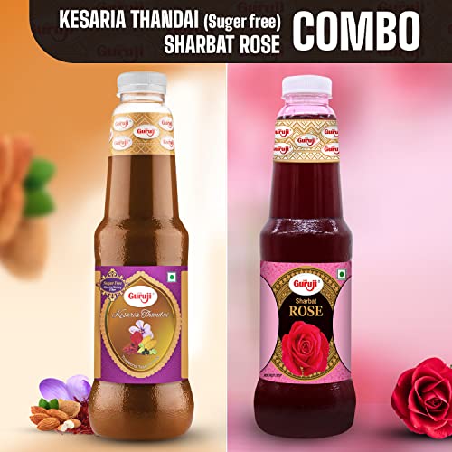 Image of Shree Guruji Sugar Free Kesaria Thandai & Rose Sharbat Combo Pack Milk Beverage Refreshing Drink for Summer Dry Fruit Syrup Sharbat Instant Drink (1 Litre)