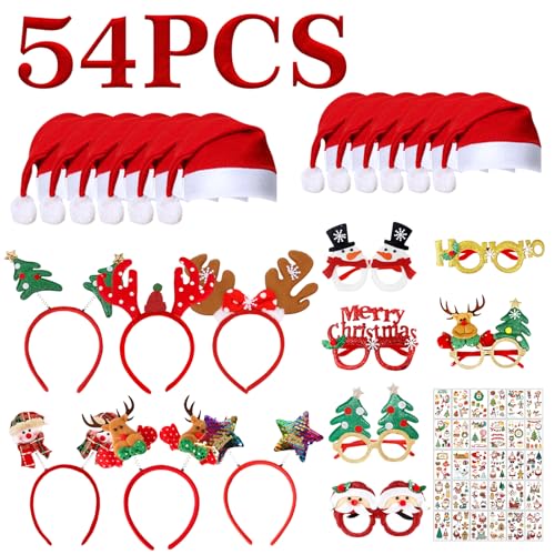 ZUSUZU 54 peças acessórios natalícios, diadema natal, óculos de Natal, gorro de Natal, armação de óculos de Natal, óculos de Natal, óculos de festa de Natal, detalhes e acessórios para crianças e