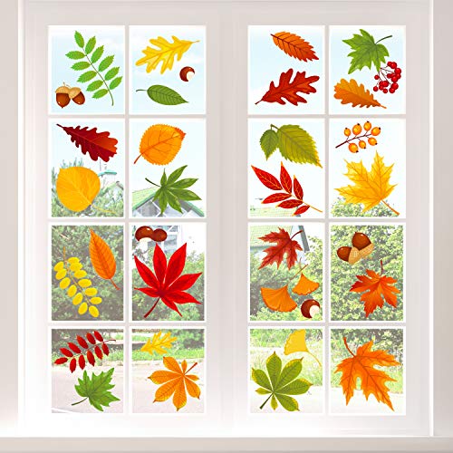 Adoreu Fall Leaves Window Clings Autumn Thanksgiving Acorns Window Sticker Harvest Maple Decorations Autumn Decals Party Decor Ornaments (8 Sheets)