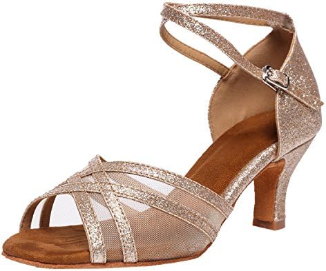 Akanu Women's Latin Dance Shoes Female's Ballroom Salsa Dance Shoes(E-Style Gold Size 7)