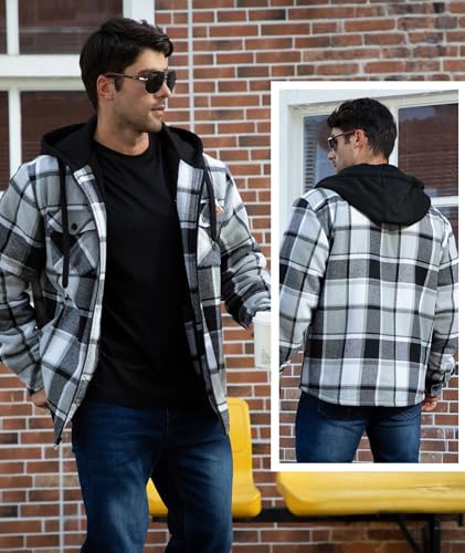 Image of V VALANCH Men's Flannel Shirt Jacket with Hood Fleece Lined Plaid Jacket Zip Up Winter Warm Coat