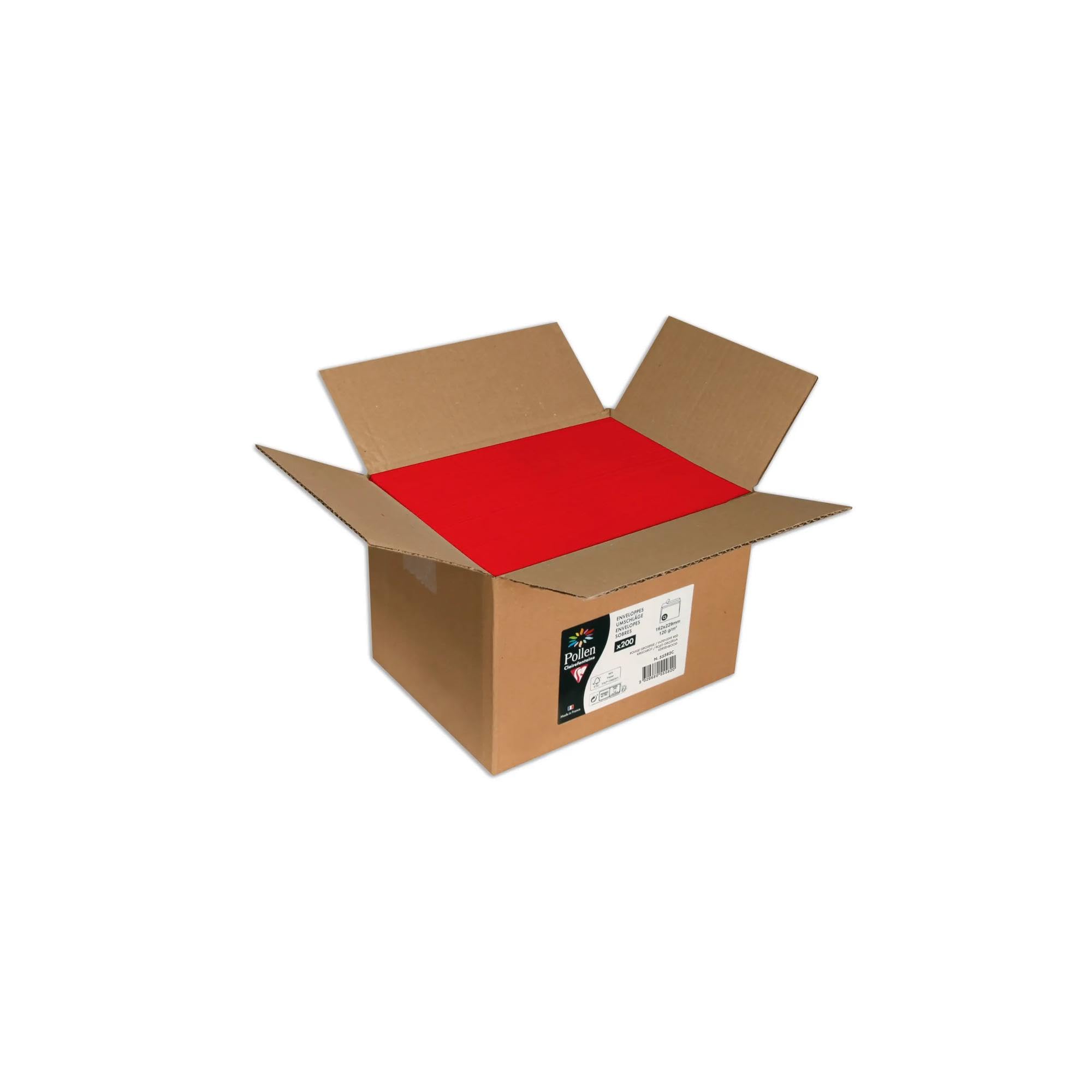 Clairefontaine 55582C - Carton de 200 Enveloppes Gommées - Format C5 (16,2x22,9cm) - 120g/m² - Coloris Groseille - Invitation Evènements et Correspondance - Gamme Pollen - Papier Premium Lisse