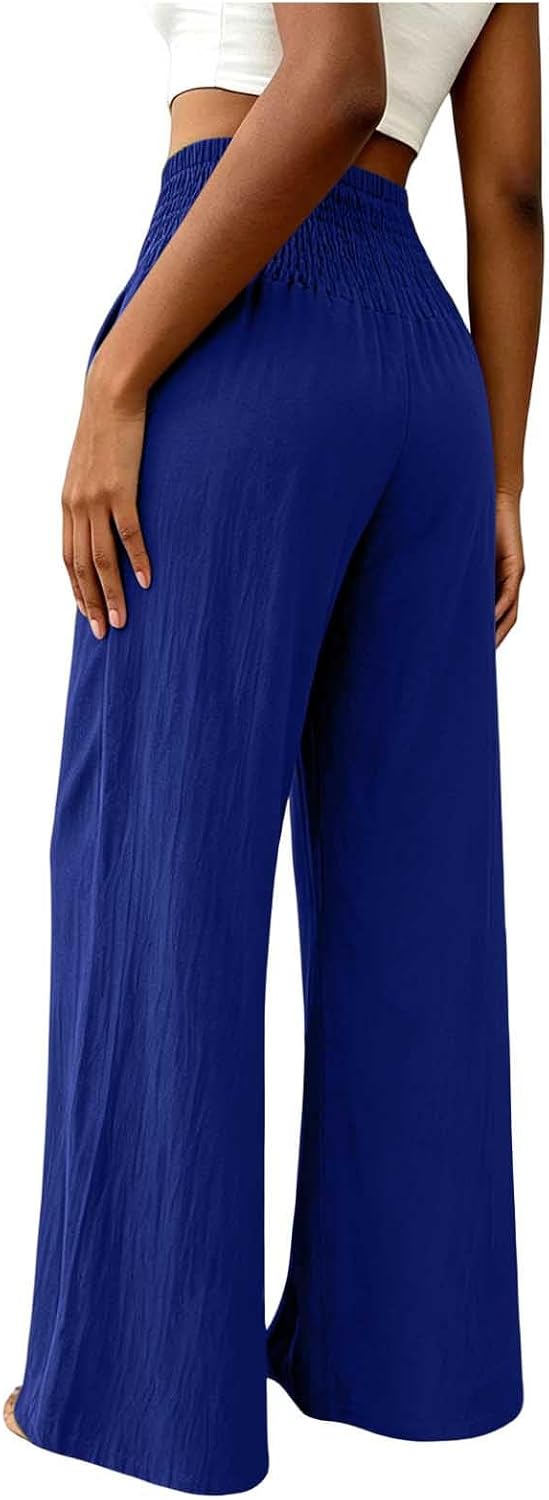 Womens Summer Casual Pant High Waisted Wide Leg Flowy Pants with Pockets Comfy Boho Beach Trousers for Travel