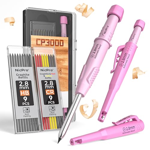 Nicpro CP3000 Zimmermannsbleistift mit Spitzer, Druckbleistift mit 19 Minen, robuster Tieflochmarker Bleistift, rosa Holzbearbeitungswerkzeug für Frauen, ideal zum Markieren von Holz und Metall