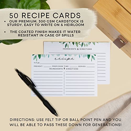 Pera Blanca Recipe Box with Cards and Dividers | Faux Leather Handle | 50 Eucalyptus Patterned Recipe Cards | Wooden Box | Housewarming Gift | 4x6 - Thumbnail 5