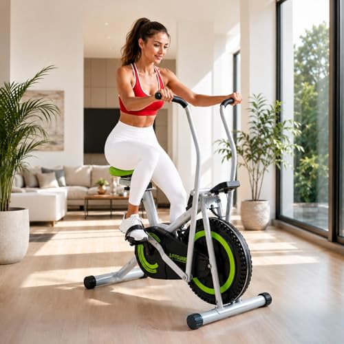 Image of FITGUARD FG-AB 111 By STAYFIT Dual Action Air Bike /Exercise Bike for Home |Gym Cycle for Workout With Adjustable Cushioned Seat | Non-Slip Pedals | Moving Handles Black Gym Bike, Max user weight 120 KG (Green)