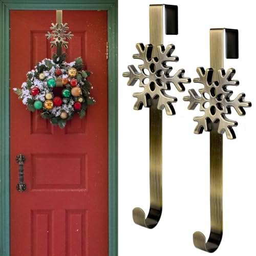 2 Pcs Christmas Wreath Hangers Over The Door Metal Wreath Hooks Snowflake Decorative Hooks for Xmas Party Decor Home Office Wall Door, Bronze, 14.6 Inch