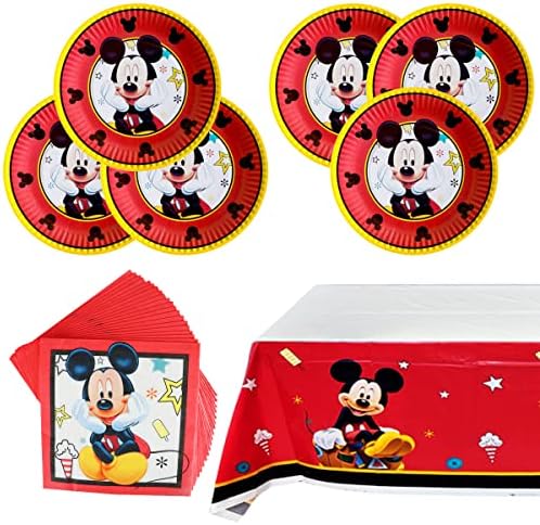 Birthday Party Supplies For Mickey Mouse, 20 plates, 20 napkins and 1 tablecloth，Mickey theme birthday party decoration set