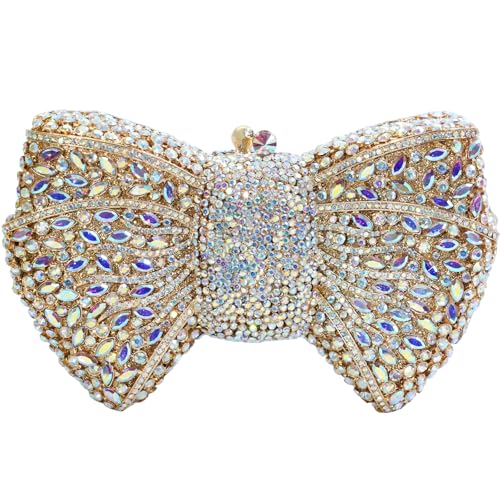 Image of Handmade Inlay Rhinestone Bow Clutch Bag for Women, Sparkling Evening Party Wedding Purse with Detachable Pearl Chain