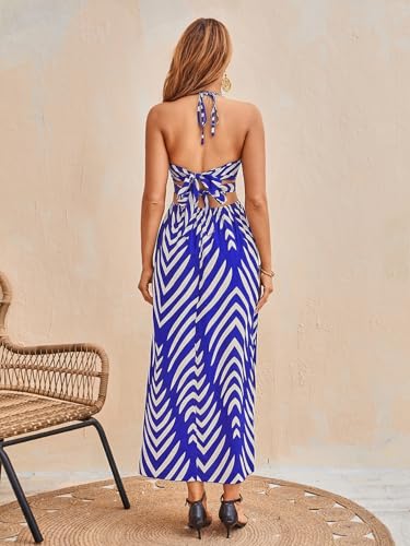 Image of SweatyRocks Women's High Split Tie Backless Cut Out Halter Maxi Dresses Boho Vacation Long Dress