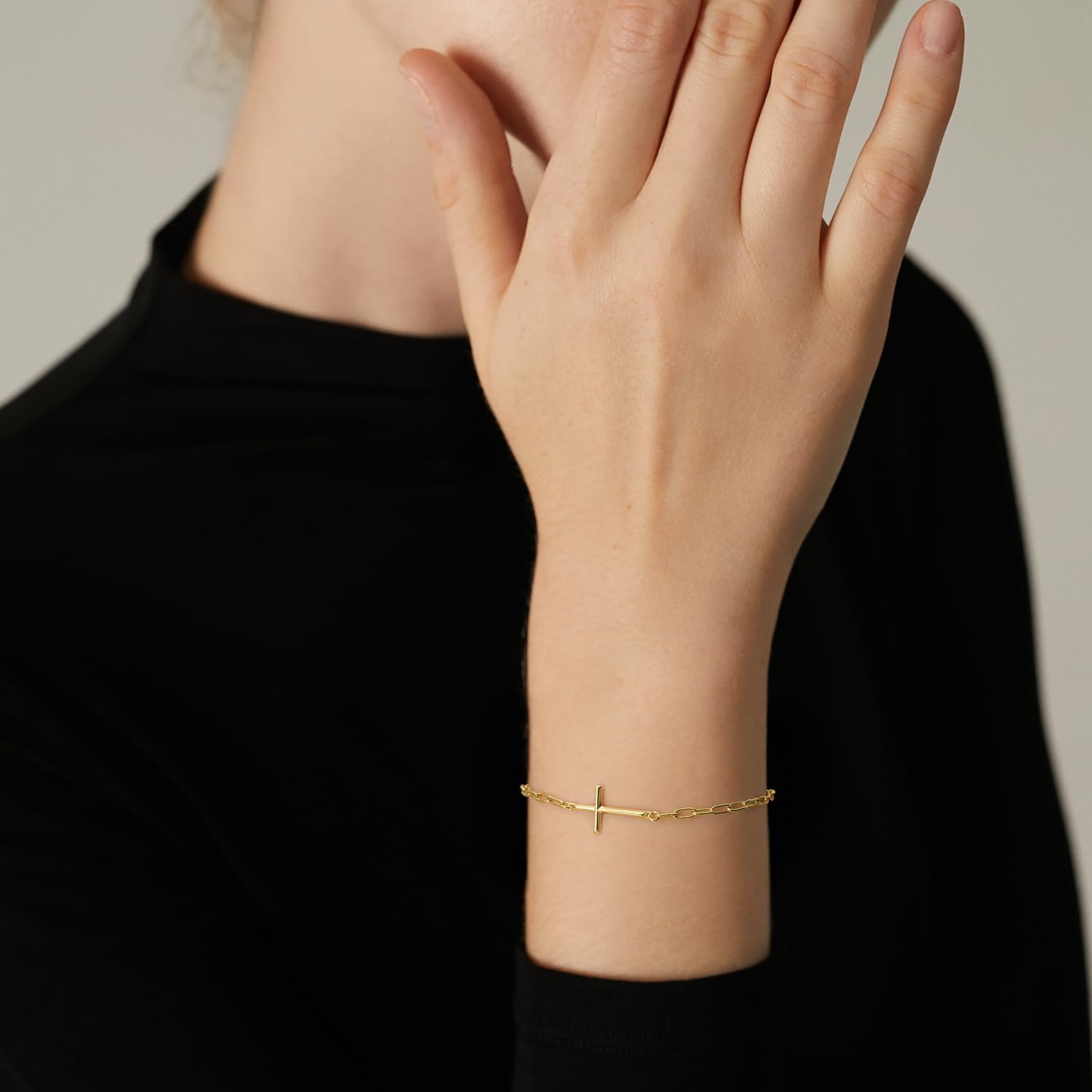 Gold Bracelets for Women 14K Gold Bracelets for Women Cross Bracelet for Womens Stack Clean Modern Chain with Cross Paperclip Chain Bracelet for Womens - Image 2