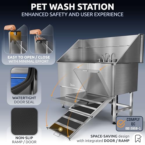Image of KANIS Professional Dog Washing Station 304 Stainless Steel Pet Wash Sink & Grooming Bathtub w /Shower, Floor Grates and Storage for Large, Medium & Small Pets (Silver, 61 Inches, Right Ramp, 1 Drawer)