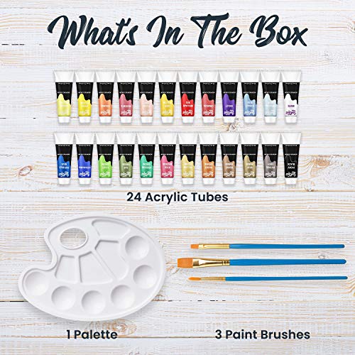 Lartique Acrylic Paint Set For Artists & Beginners - 24 Acrylic Paint Color Tubes, 3 Paintbrushes & Plastic Color Mixing Palette - Professional Grade Art Supplies For Canvas, Wood, Ceramic, Fabric #TOP1