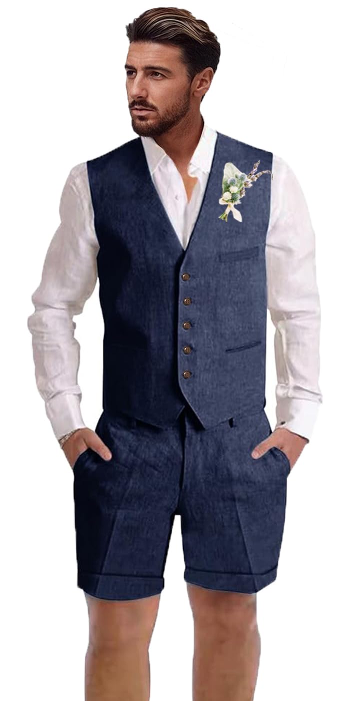 Herren-Leinenanzug, 2-teilig, kurze Anzüge für Herren, lässig, Sommer, Strand, Hochzeit, Anzug, Leinenweste, Shorts-Set