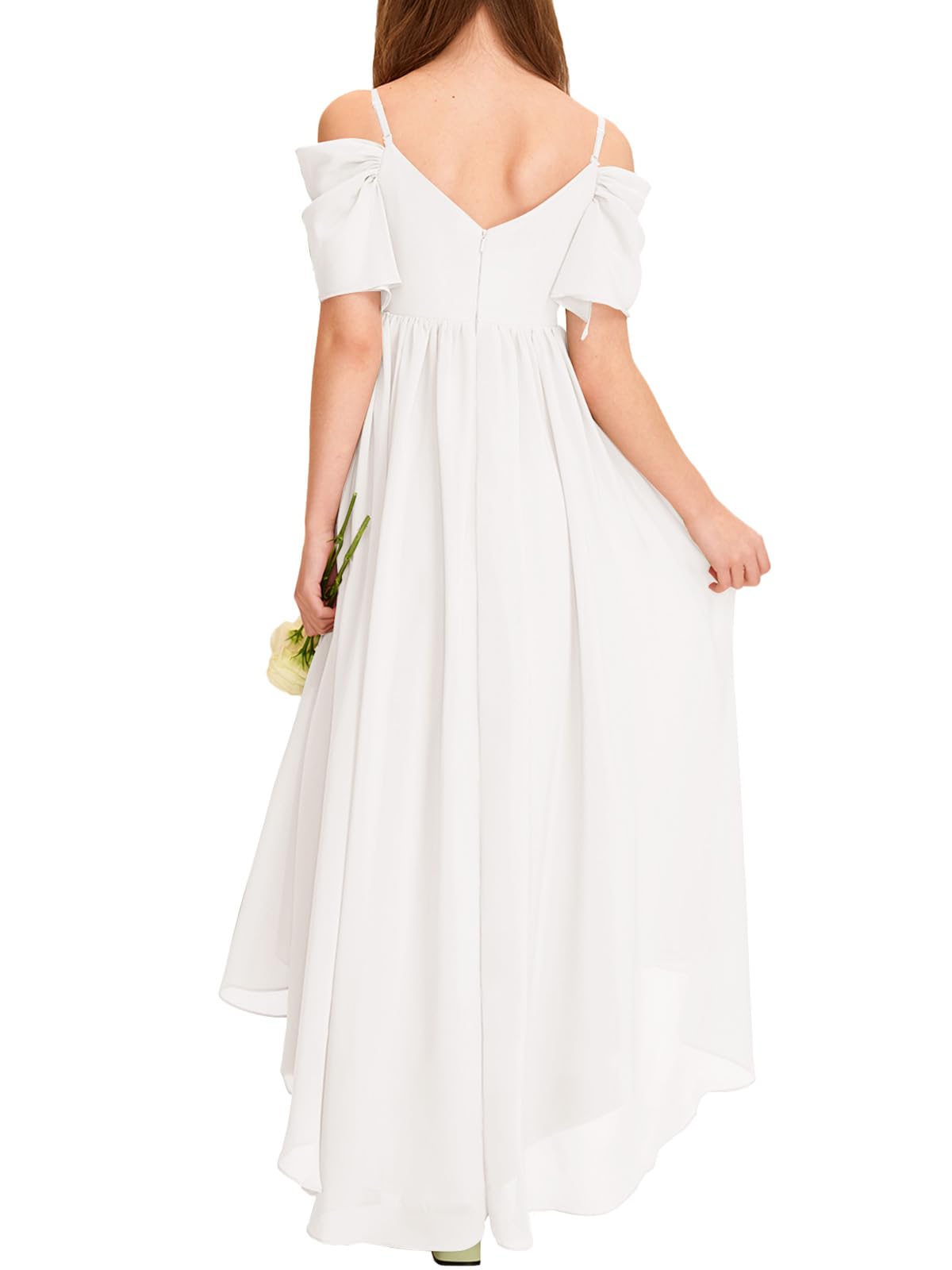 Haloumoning Robe asymétrique en mousseline de soie à épaules dénudées pour fille - Pour demoiselle d'honneur, fête d'anniversaire