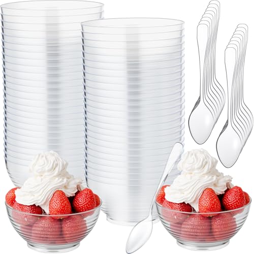 Newtay 100 Pcs 3 oz Mini Dessert Bowls and Spoons Small Clear Plastic Bowl Hard Serving Cups for Appetizers Mousse Puddings Condiments Snacks Party