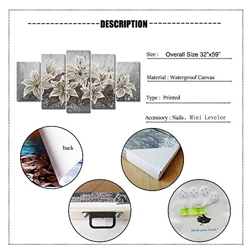 5 Panels Retro White Lily Floral Canvas Wall Art Print Abstract Flower Paintings Gray White Brown Plant Picture Home Decor Framed Artwork For Living Room Bathroom #TOP5