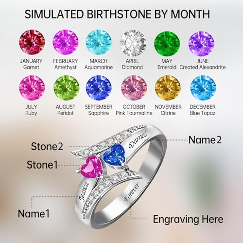 Personalized Birthstone Rings for Women, Custom Mothers Ring with 2 Birthstones, Sterling Silver Couples Name Rings for Her, Gifts for Wife Mom2