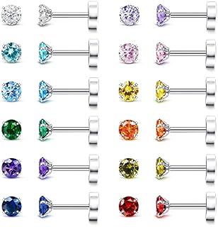 JeryWe 12Pairs 20G Stainless Steel Flatback Stud Earrings for Women Cubic Zirconia Birthstone Stud Earrings Set CZ Earrings Piercing Ear Cartilage Sleeper Earrings Hypoallergenic