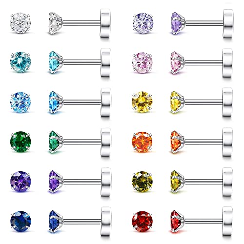 JeryWe 12 paires Acier Inoxydable Clou D'oreilles Femmes Hommes,Rondes Boucle d'Oreille Zircon Coloré Plat Boucles d'Oreilles 20G Cartilage Boucles d'Oreilles...