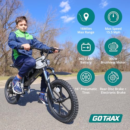 Gotrax Electric Dirt Bike for Kids, Max 16 Mile Range and 10/15.5Mph 2 Speed Modes 300W Motor, 16