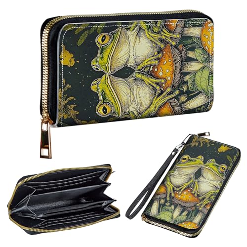 Wallet for Women's Double Zipper Phone Clutch, RFID Blocking PU Leather Credit Card Organizer Ladies Cardholder Wallets with Travel Grip Hand Strap, Mushroom Green Frog