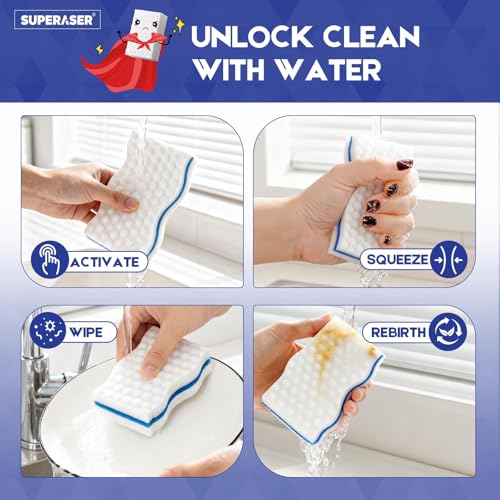Image of Magic Sponge Eraser, 3X Density Melamine Cleaning Sponges, 24 Pack | Long-lasting melamine sponges clean kitchen, bathroom, floors, walls and furniture with water only.
