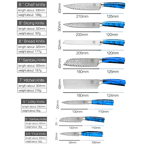 Xyj Professional Kitchen Knife Set Vein Pattern 8" 7" 5" 3.5" Chef Knives Set With Carry Case Bag & Sheath 8 Pieces Cooking Knife Tools (Blue) #TOP2