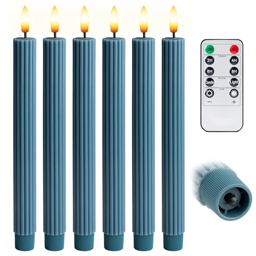 Image of 10 inch Fluted Ribbed LED Blue Grooved Real Wax Taper Candles, Remote & 24h Timer Memory, On /Off Switch - Flameless Dimmable Battery Operated w /Flicker Mode, Home Wedding Decor (6 Pack)