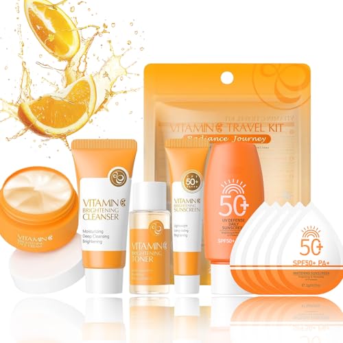 10Pcs Vitamin C Skincare Set & Facial Kit, Travel Size Skincare Set with Cleanser, Toner, Moisturiser & Sunscreen SPF 50, Brightening Anti-Aging Gift for Women, for Outdoor & Beach