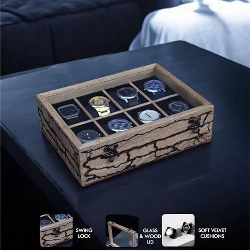 Image of Vintage Wooden Watch Box for Men, Timepiece Storage & Organizer, Watch Display Case, Jewelry Box for Women, Anniversary Gift for Husband (8 Grooves Fractal (Antique Wood))