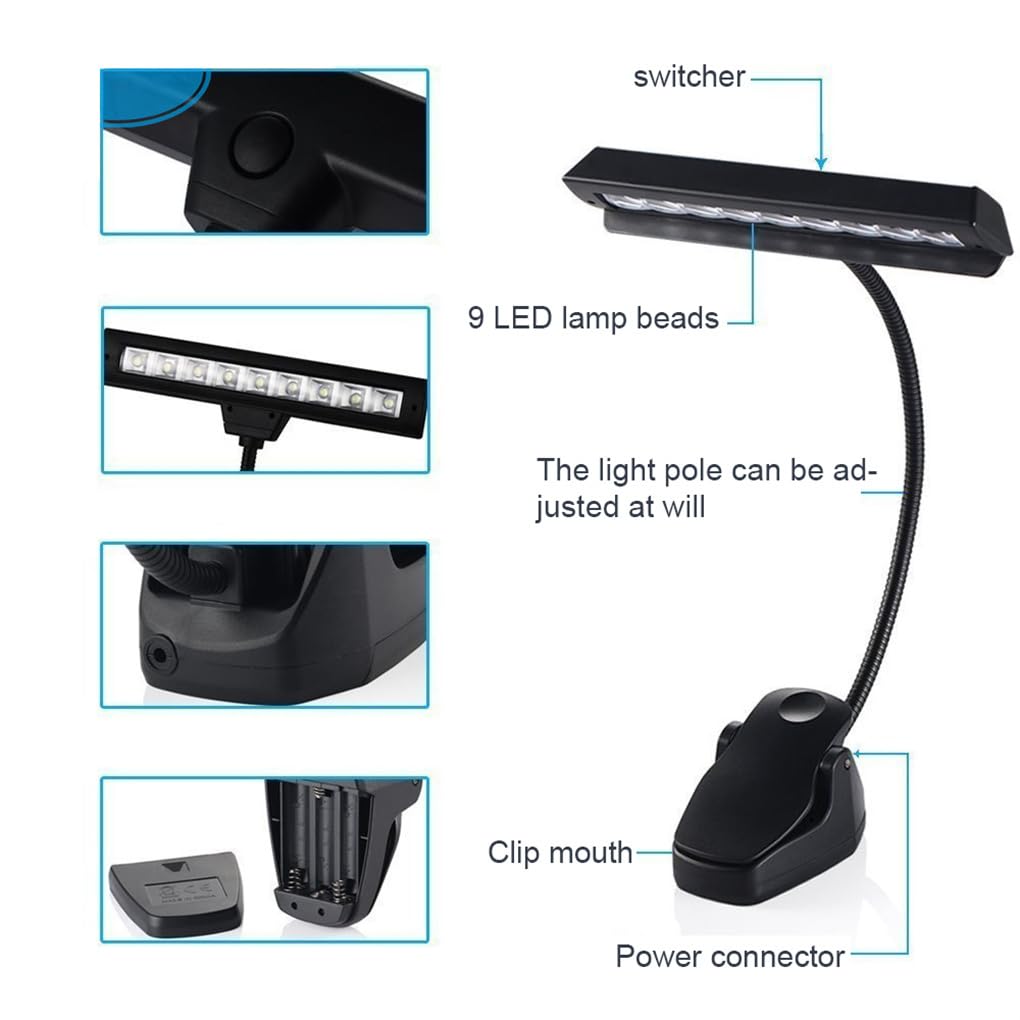 Lámpara de libro portátil con soporte de música LED con cuello Flexible iluminación de Camping para el hogar suministros de práctica de estudio