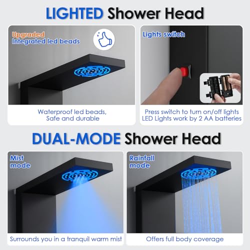 ROVOGO Led Shower Panel Tower System, Lighted Shower Head 2-Setting (Rainfall & Mist Mode), Large Body Jets, Handheld and Tub Spout, 50" Stainless Steel Shower Column with Mixer Valve, Black - Thumbnail 2