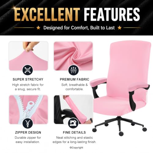 Image of Stretch Computer Office Chair Cover with Armrest Covers Durable Zipper Universal Washable Removable Spandex Rotating Boss Chair Slipcovers Anti-dust Soft Desk Chair Seat Protector, Pink