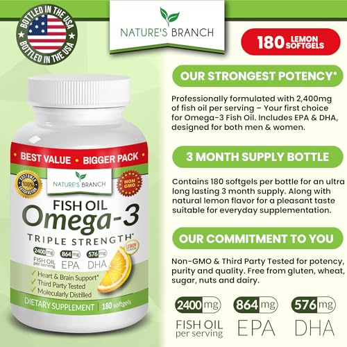 Nature'S Branch PR0050 Best Triple Strength Omega 3 Fish Oil Pills - 180 Capsules - 2400Mg High Potency Burpless Lemon Flavor 864Mg Epa 576Mg Dha Ultra Pure Liquid Softgels For Brain Joints Eyes Heart Health Supplement thumb #1