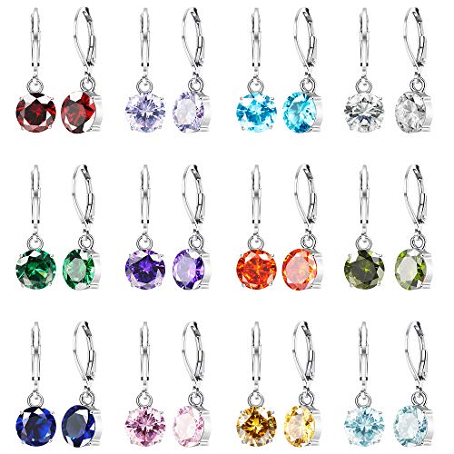 SAILIMUE 12Pairs Birthstone Leverback Drop Dangle Earrings Set for Women Birthstone Earrings Multicolor 8MM Cubic Zirconia Dangle Earrings