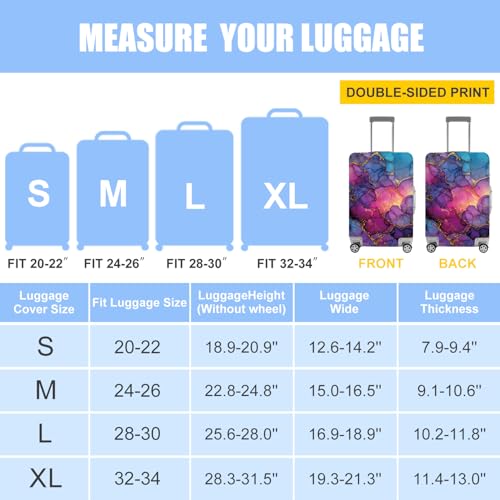 Image of Elegant Marble Pattern Luggage Cover - Abstract Purple Blue Pink Design with Gold Veins - Stretch Suitcase Protector Fits 22 inch-25 inch Luggage,M