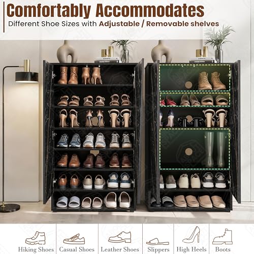 Image of ABOUT SPACE Shoe Cabinet - 7 Tier Shoe Rack with Door & Open Bottom Storage|Press Open 2 Door Engineered Wood Shoes Stand for Home | Adjustable Shelf Raised Legs 18-21 Pair | Black & Black Marble