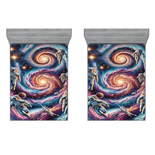 Ambesonne Outer Galaxy Fitted Sheet Set, Futurist Astronauts and Starry Atmosphere Space Composition Dreamy, Bed Cover with All-Round Elastic Deep Pocket 2 Pcs, Full Size, Purple Blue Multicolor