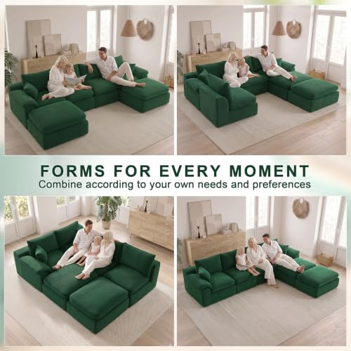 Image of 133 inch Cloud Sectional Couch, Boneless Couches for Living Room, Green