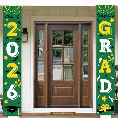 Image of Graduation Porch Banner Class Sign Congrats Grad Hanging Flags High School College University Party Decoration For Front Door Outdoor Green Gold