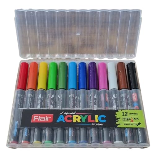 Image of FLAIR Liquid Acrylic Marker 12 Assorted Shades With Brush Tip, High & Rich Pigmented Colours| True Opaque, Bold & Broad Strokes, Multi-Surface Use| For Abstract, Pop & Graphic Design Art