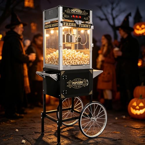 Image of Commercial Popcorn Machine with Cart - 24OZ Kettle Popcorn Makers with Heating 3-Switch Control Stainless Steel Kettle for Business, Corporate, School, Institutional, Carnival, Theater, Church, Black