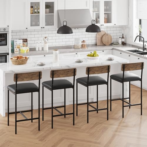 Image of Garvee Bar Stools Set of 4, Upholstered Counter Height Bar Stool with Backrest and Footrest, Wider Seat, Kitchen Barstools for Kitchen Island, Dining Room, Easy Assembly, Retro Brown