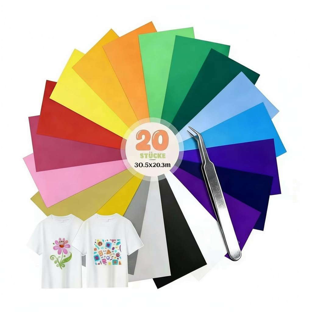 Vinilo Textil Termoadhesivo 20 Colores 30,5×20,3 cm con Pinza, Papel Transfer para Camisetas, Compatible con Cricut y Máquinas de Corte, para Ropa, Gorras y Tejidos (20 Hojas)