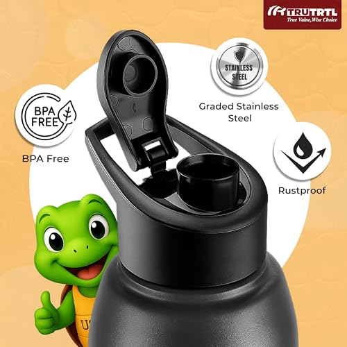Image of Mr. TRU Sporty Stainless Steel Water Bottle 1000 ml with Sipper | ISI Certified | Single Wall | Leak Proof Lid | Rust Proof | For School, Office & Gym I Black