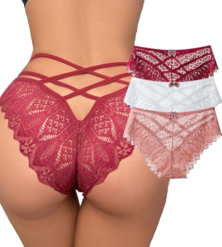 Image of Womens Sexy Thongs Lace Panties Underwear Low Rise Plus Size Underpants Pack of 1-3