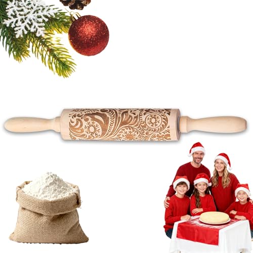 JURENEE Nudelholz mit Muster Präge Nudelholz aus Holz Wellholz mit Muster Weihnachtsnudelholz mit Klaren und Attraktiven Designs Geeignet für die Herstellung von Keksen und Plätzchen